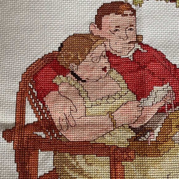 Norman Rockwell vintage cross stitch. Couple with animals on loveseat - Picture 3 of 14